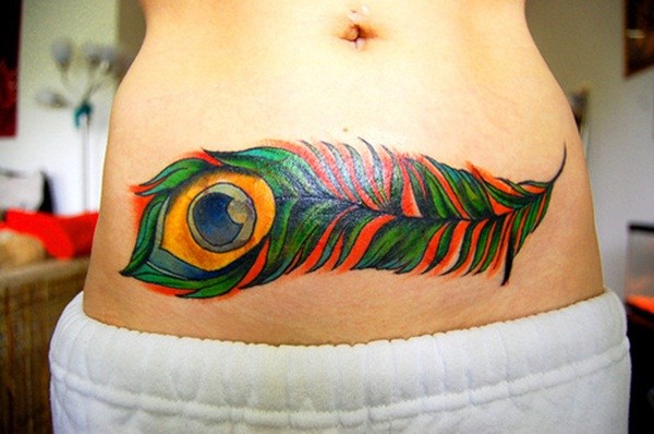 Colorful Feather Tattoo On Stomach