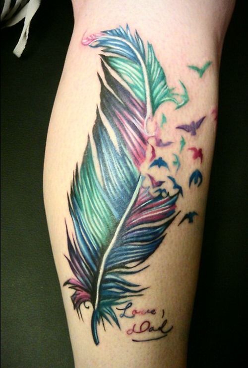 Colorful Feather With Flying Birds Tattoo Design For Leg