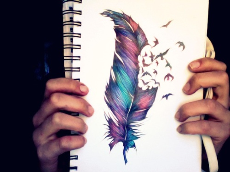 Colorful Feather With Flying Birds Tattoo Design