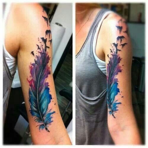 Colorful Feather With Flying Birds Tattoo On Half Sleeve