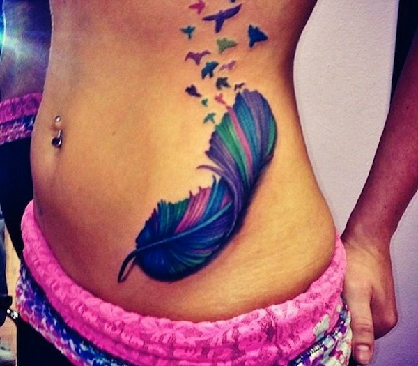 Colorful Feather With Flying Birds Tattoo On Side rib