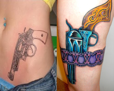 Colorful Gun Tattoo Design For Thigh