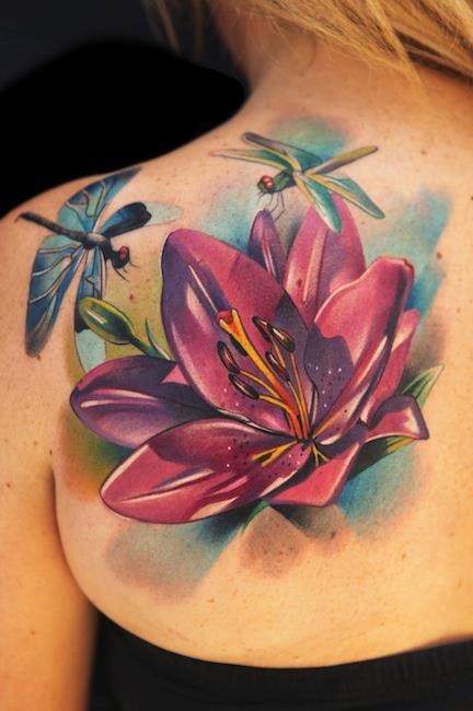 Colorful Lotus With Flying Dragonflies Tattoo On Girl Left Back Shoulder