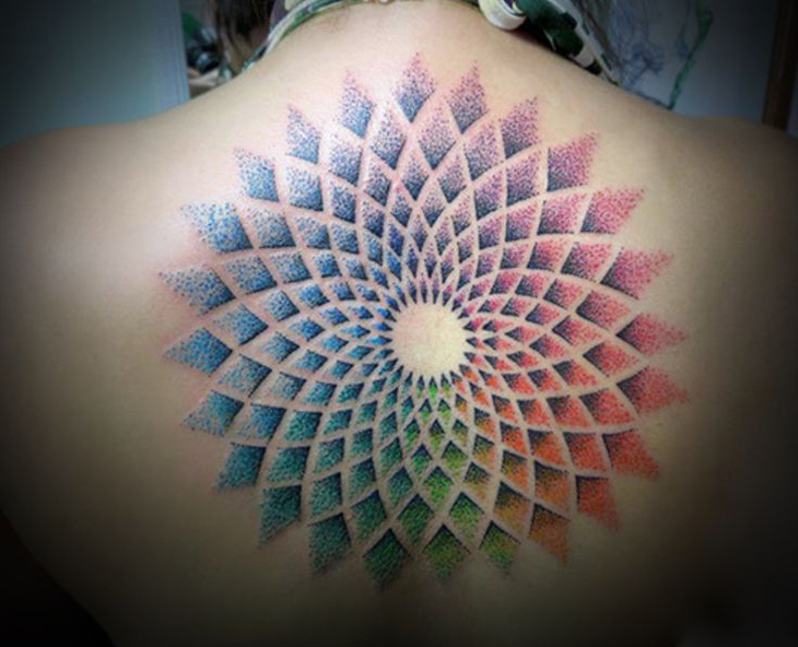 Colorful Mandala Design Tattoo On Upper Back