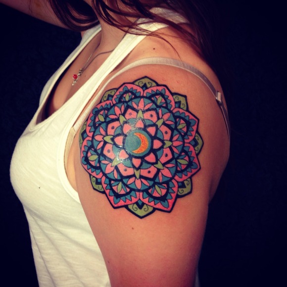Colorful Mandala Flower Tattoo On Girl Left Shoulder