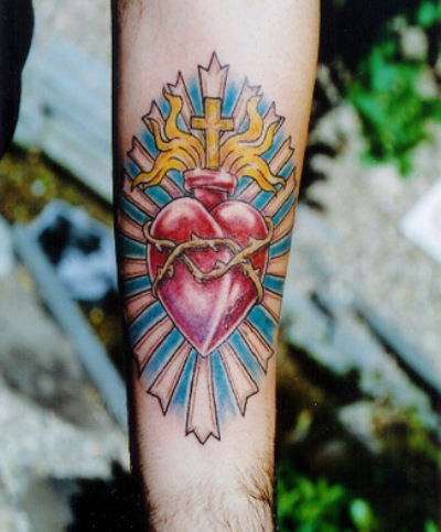 Colorful Sacred Heart Tattoo Design For Forearm