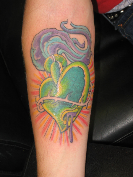 Colorful Sacred Heart Tattoo On Forearm