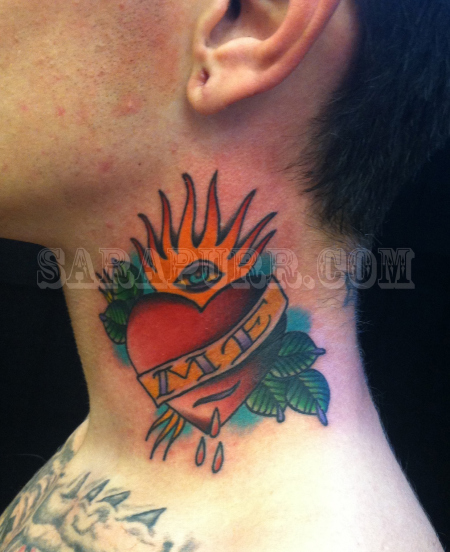 Colorful Sacred Heart With Banner Tattoo On Side Neck
