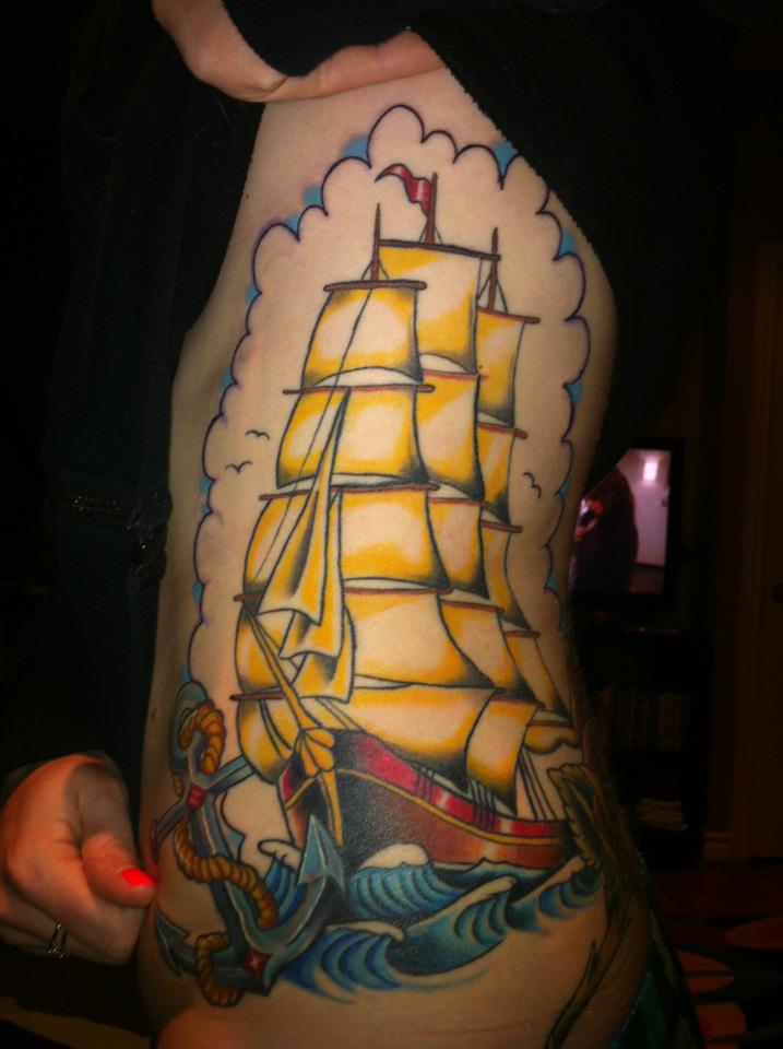 Colorful Ship With Anchor Tattoo On Side Rib