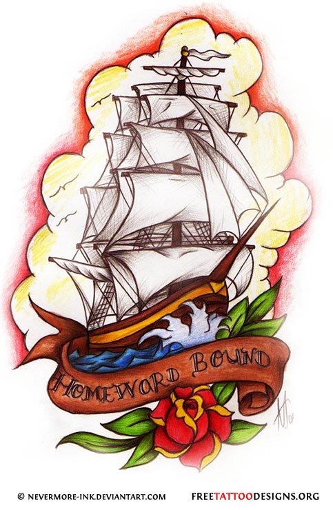 Colorful Ship With Rose And Banner Tattoo Design