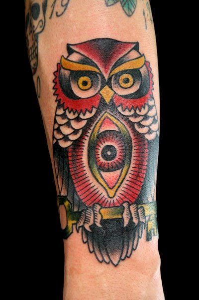 Colorful Traditional Eye On Owl Tattoo Design