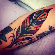 Colorful Traditional Feather Tattoo Design For Forearm