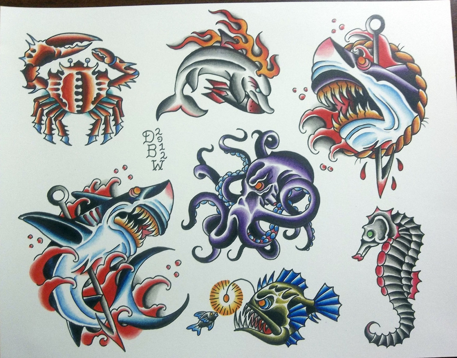 Colorful Traditional Sea Creature Tattoo Flash
