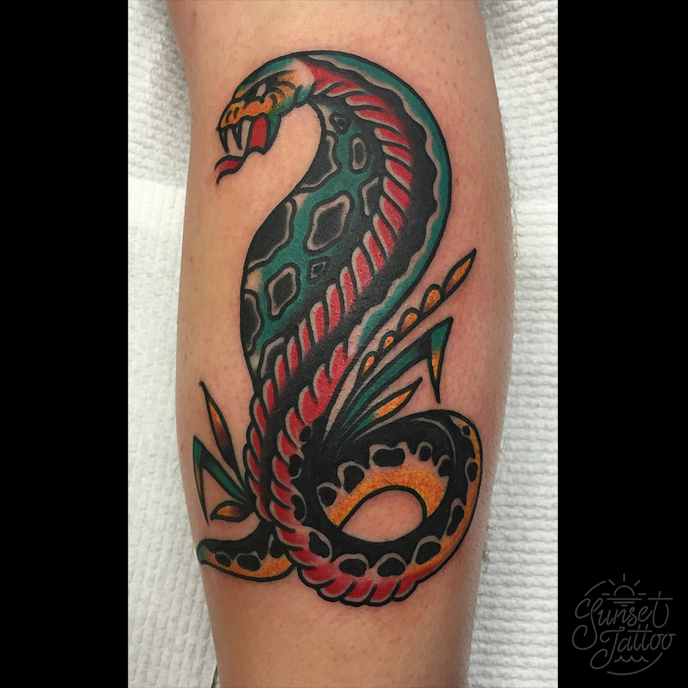 Colorful Traditional Snake Tattoo Design For Forearm