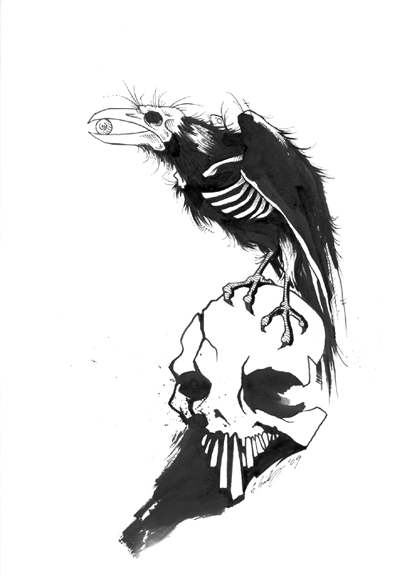 Crow Skeleton On Skull Tattoo Design