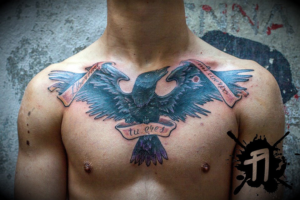 Crow With Banner Tattoo On Man Chest By Artur Nakolet