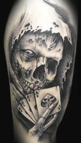 Devil Skull With Playing Cards Tattoo Design For Sleeve