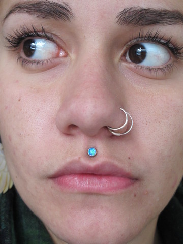 Double Nostrils And Philtrum Piercing With Blue Opal Stud