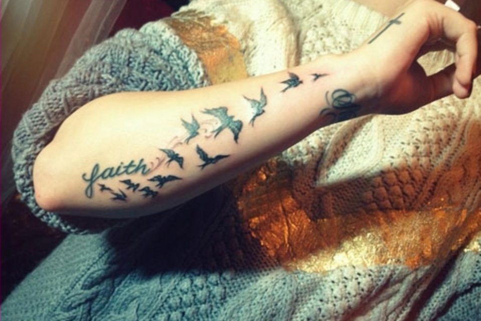 Faith - Black Flying Birds Tattoo On Right Forearm