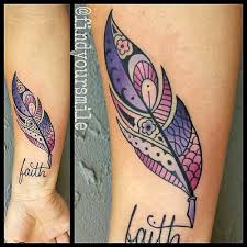 Faith - Pink And Purple Feather Tattoo On Wrist