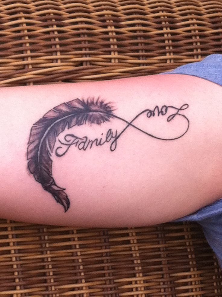 Family Love Feather Tattoo On Bicep