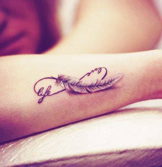 Feather And Life infinity Tattoo On Forearm