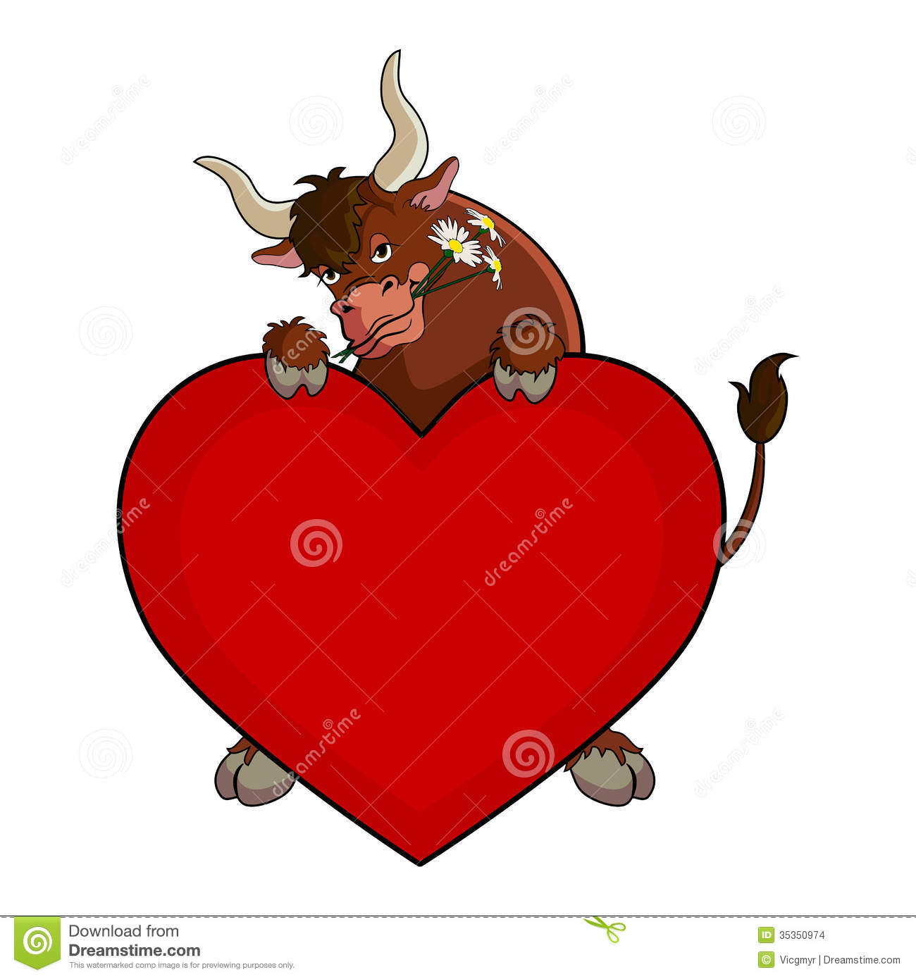 Funny Bull With Red Heart And Flower Clipart