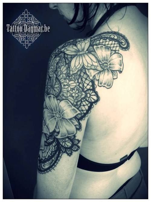 Girl Left shoulder Lace Tattoo Design Idea
