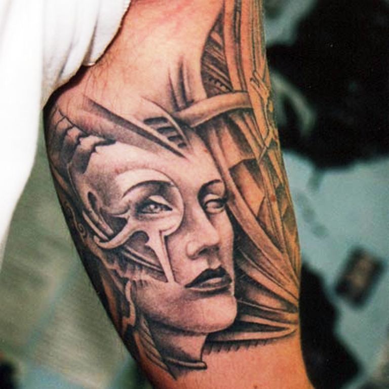 Grey Ink Biomechanical Bicep Tattoo