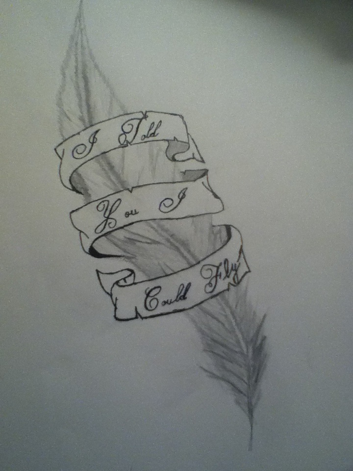 Grey Ink Feather With Banner Tattoo Design By Collaredandchained