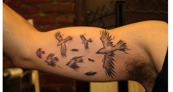 Grey Ink Flying Birds And Bicep Tattoo For Men