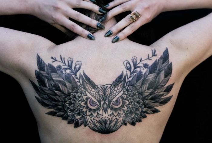 Grey Ink Flying Owl Lace Tattoo On Upper Back