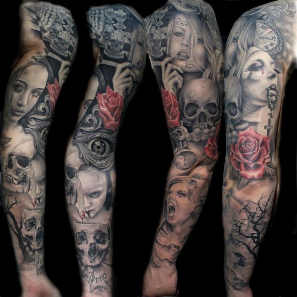 Grey Ink Girl Face With Skull And Red Rose Tattoo On Full Arm