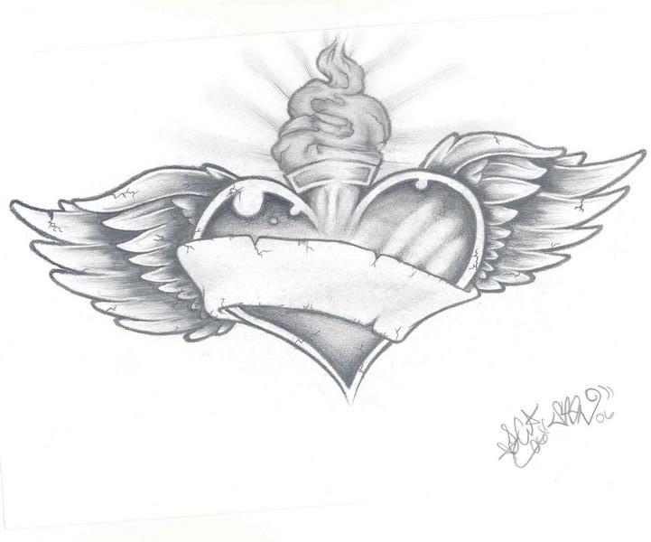 Grey Ink Sacred Heart With Banner And Wings Tattoo Design