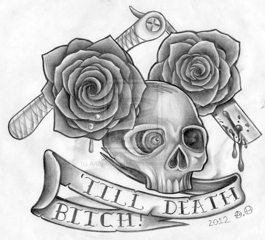 Grey Ink Traditional Skull With Roses And Banner Tattoo Design