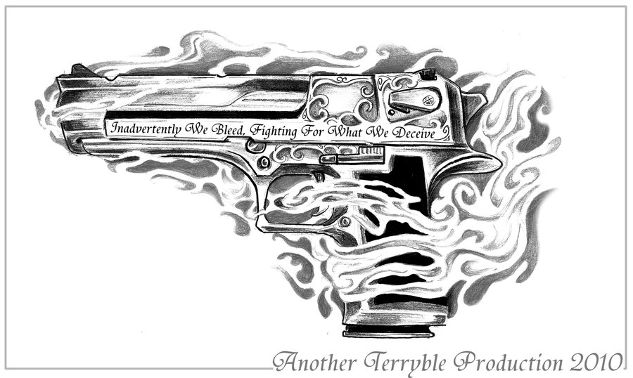 Gun In Flame Tattoo Design