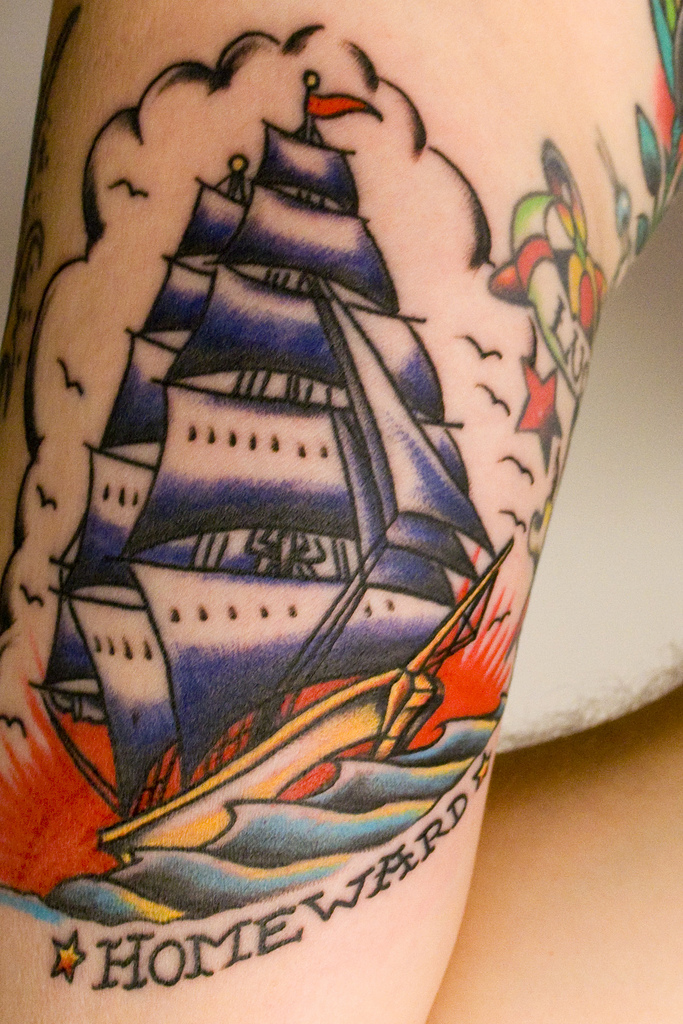 Homeward - Colorful Ship Tattoo Design By King Taco