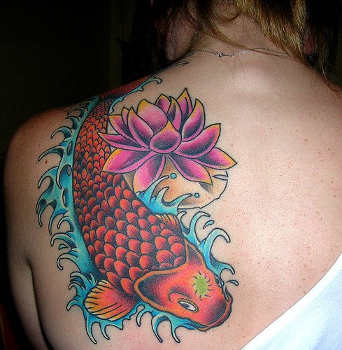 Koi Fish With Pink Lotus Tattoo On Girl Left Back Shoulder