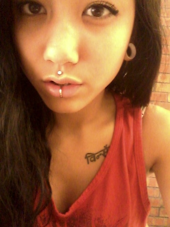 Lower Lip Labret And Philtrum Piercing With Diamond Stud