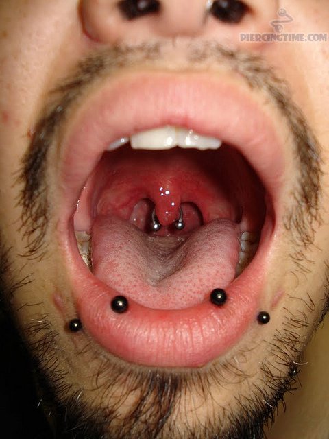Lower Lip With Black Barbells And Uvula Piercing