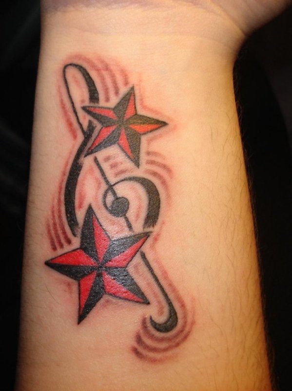 Music Violin Key With Two Nautical Stars Tattoo Design By Sara Valente