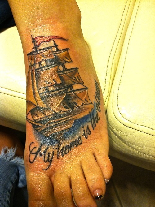 My Home Is The Ocean – Ship Tattoo On Girl Foot By Aly Mayne