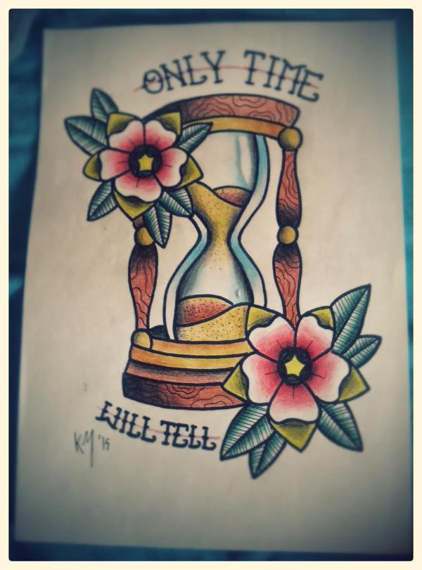 Only Time Will Tell – Colorful Traditional Hourglass With Flower Tattoo Design