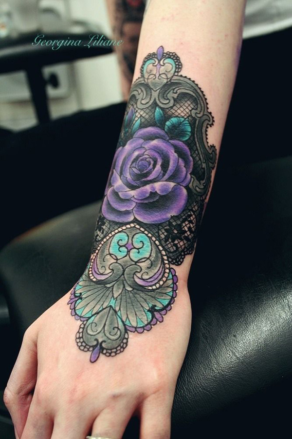 Purple Rose Lace Tattoo On Girl Left Arm