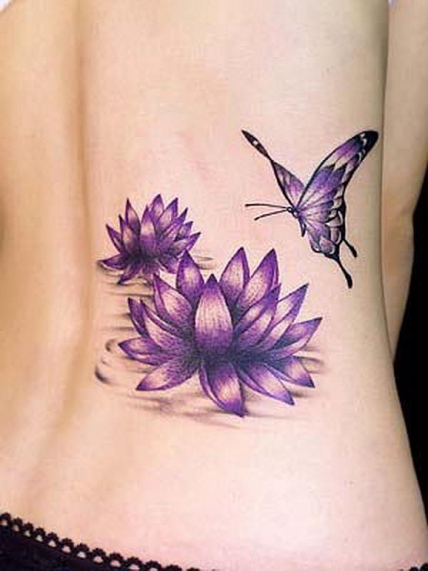 Purple Two Lotus Flowers With Butterfly Tattoo On Back