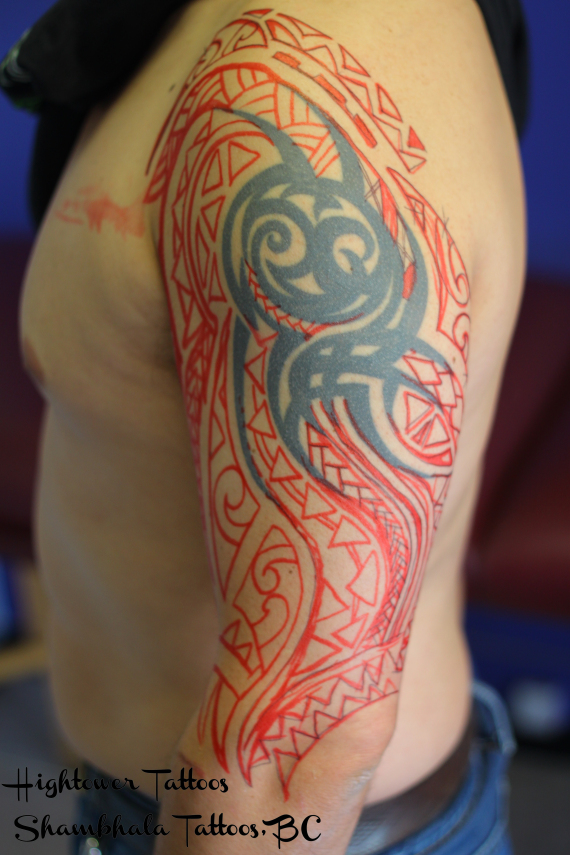 Red And Black Polynesian Design Tattoo On Half Sleeve