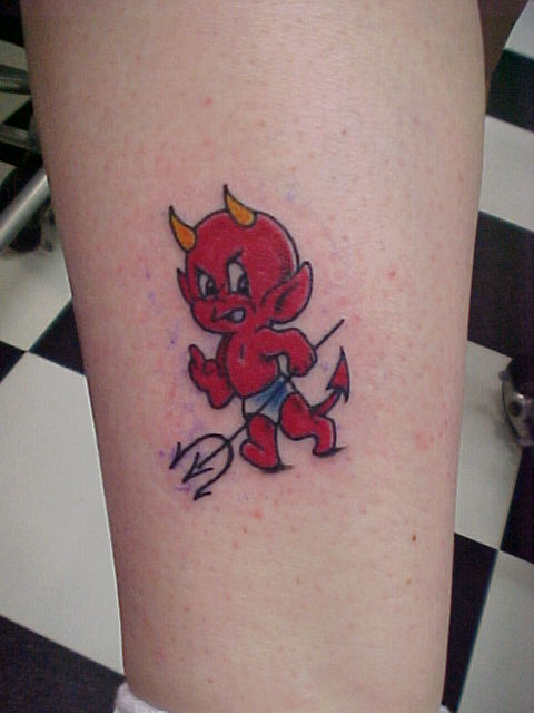 Red Baby Devil Tattoo On Leg