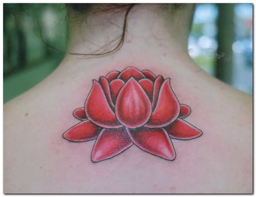 Red Lotus Flower Tattoo On Upper Back
