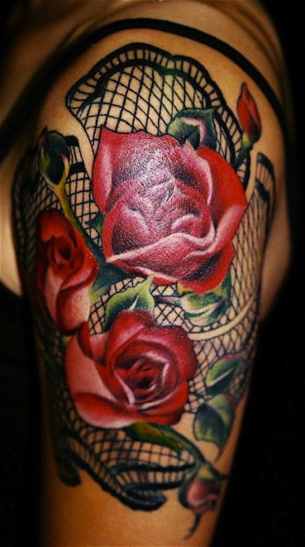Red Rose And Lace Tattoo On Left Half Sleeve
