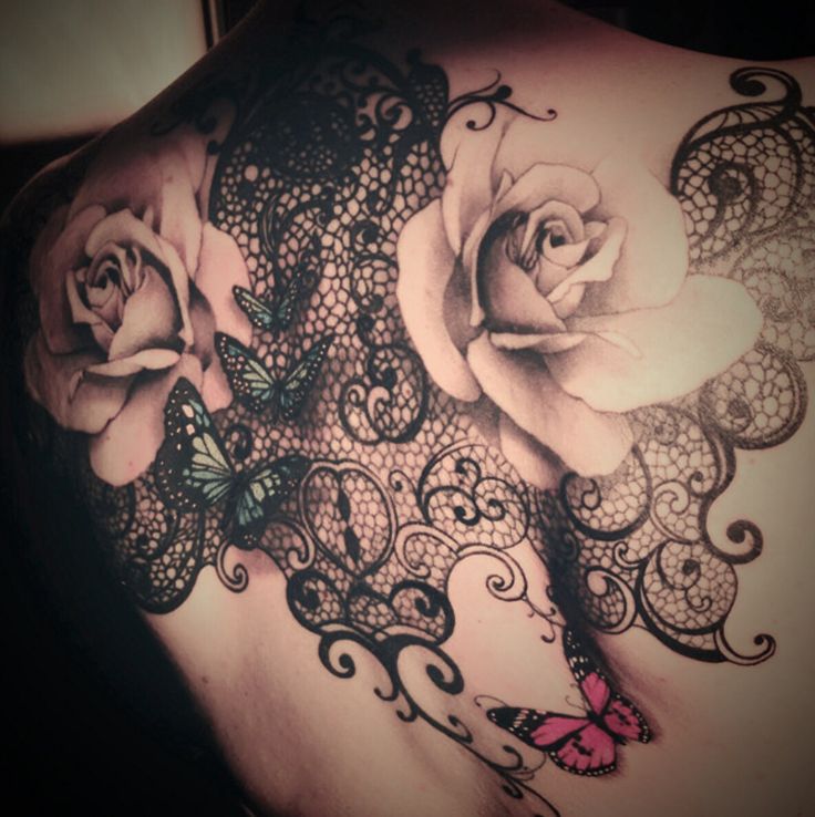 Rose Flowers And Lace Tattoo On Back